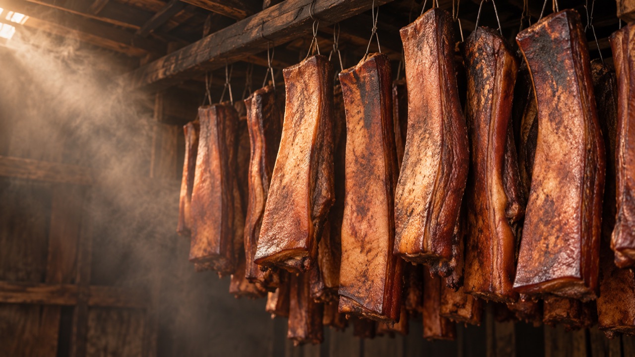 屋梁下熏制的腊肉，场景展示图